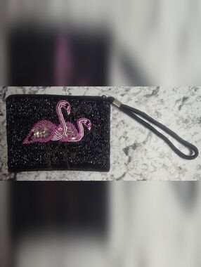 Ermo Beaded Pink Flamingo Wristlet Black And Pink Zipper